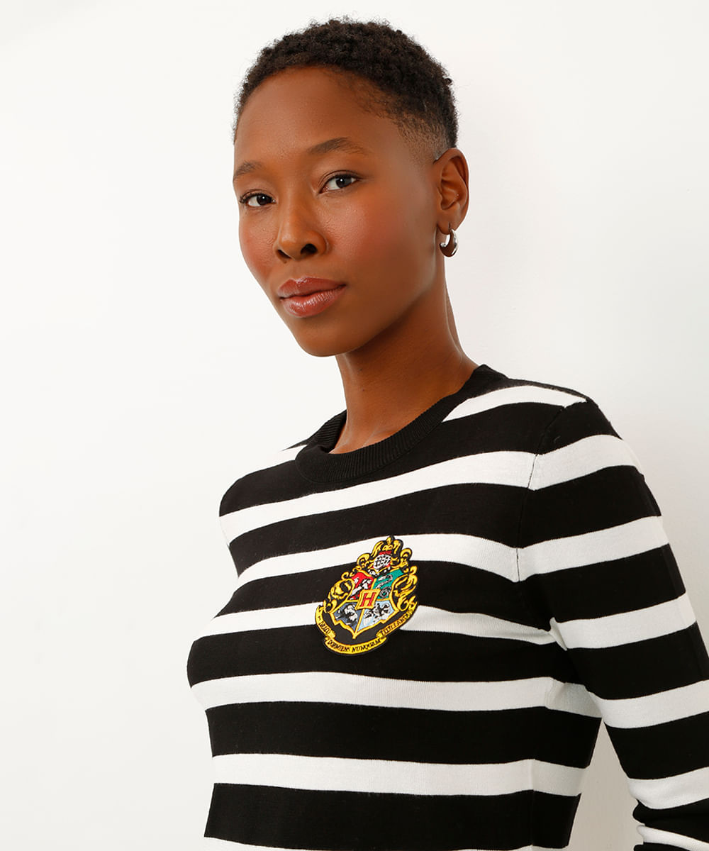 suéter de tricot listrado harry potter preto