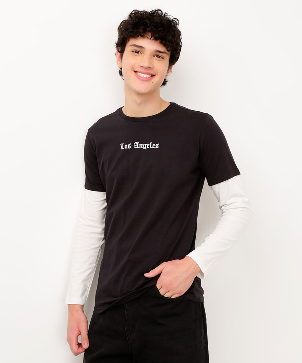 camiseta de algodão juvenil com sobreposição preta
