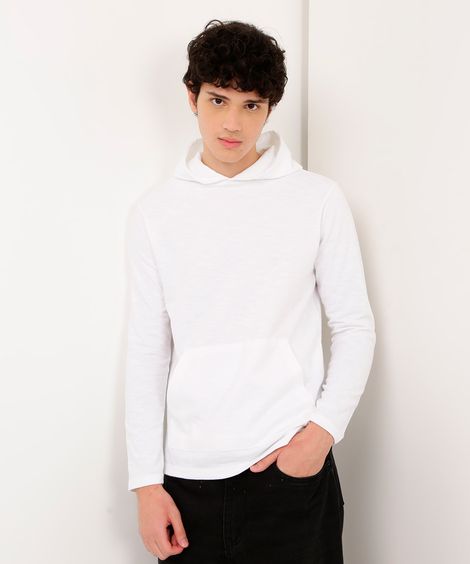 blusa de moletinho juvenil com capuz manga longa branca