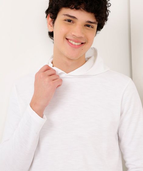 blusa de moletinho juvenil com capuz manga longa branca