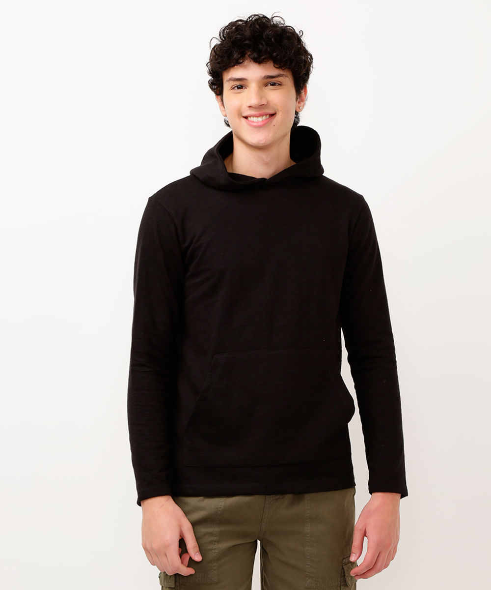 blusa de moletinho juvenil com capuz manga longa preta