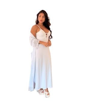 Camisola Longa com Robe Lingerie Noiva Lua de Mel em Microfibra a Renda - Moda Baixo V228 Branco