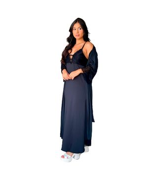 Camisola Longa com Robe Lingerie Noiva Lua de Mel em Microfibra a Renda - Moda Baixo V228 Preto