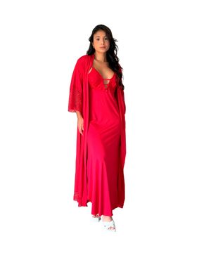 Camisola Longa com Robe Lingerie Noiva Lua de Mel em Microfibra a Renda - Moda Baixo V228 Vermelho