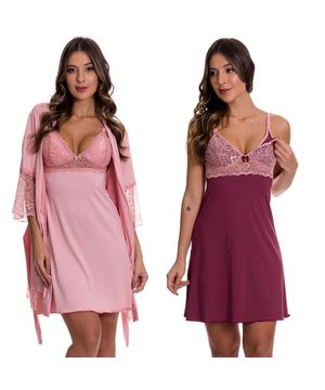 2 Camisolas de Amamentação com 1 Robe - Kit Lingerie Maternidade Gestante Amamentar Moda Baixo Rosê e Vinho