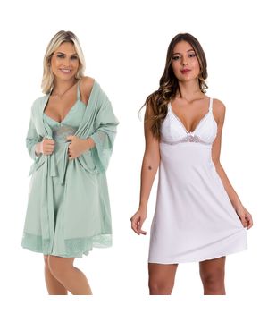 2 Camisolas de Amamentação com 1 Robe - Kit Lingerie Maternidade Gestante Amamentar Moda Baixo Verde e Branco