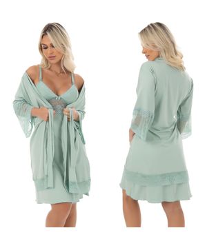 2 Camisolas de Amamentação com 1 Robe - Kit Lingerie Maternidade Gestante Amamentar Moda Baixo Verde e Branco