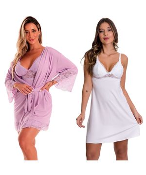 2 Camisolas de Amamentação com 1 Robe - Kit Lingerie Maternidade Gestante Amamentar Moda Baixo Lilás e Branco