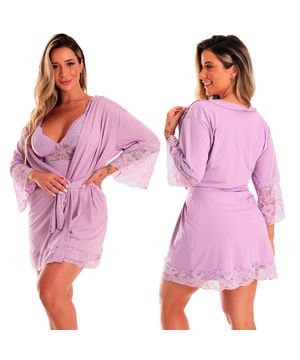 2 Camisolas de Amamentação com 1 Robe - Kit Lingerie Maternidade Gestante Amamentar Moda Baixo Lilás e Branco