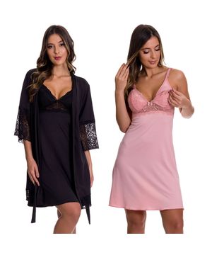 2 Camisolas de Amamentação com 1 Robe - Kit Lingerie Maternidade Gestante Amamentar Moda Baixo Preto e Rosê