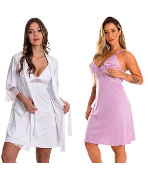 2 Camisolas de Amamentação com 1 Robe - Kit Lingerie Maternidade Gestante Amamentar Moda Baixo Branco e Lilás