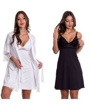 2 Camisolas de Amamentação com 1 Robe - Kit Lingerie Maternidade Gestante Amamentar Moda Baixo Branco e Preto