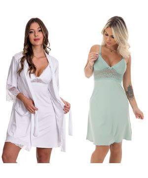 2 Camisolas de Amamentação com 1 Robe - Kit Lingerie Maternidade Gestante Amamentar Moda Baixo Branco e Verde