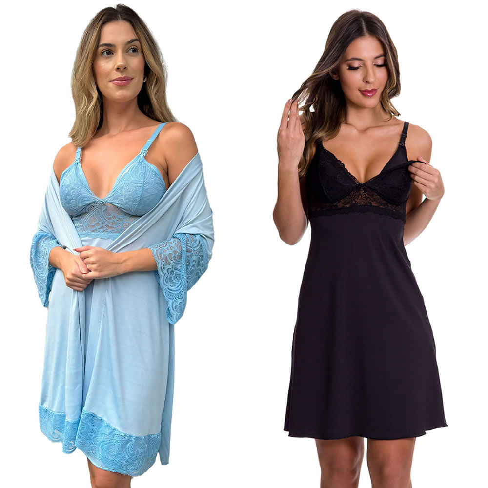 2 Camisolas de Amamentação com 1 Robe - Kit Lingerie Maternidade Gestante Amamentar Moda Baixo Azul e Preto Menor preço em 2 Camisolas de Amamentação com 1 Robe - Kit Lingerie Maternidade Gestante Amamentar Moda Baixo Azul e Preto