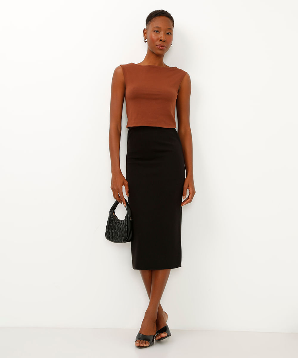 cropped de algodão cavado decote canoa marrom