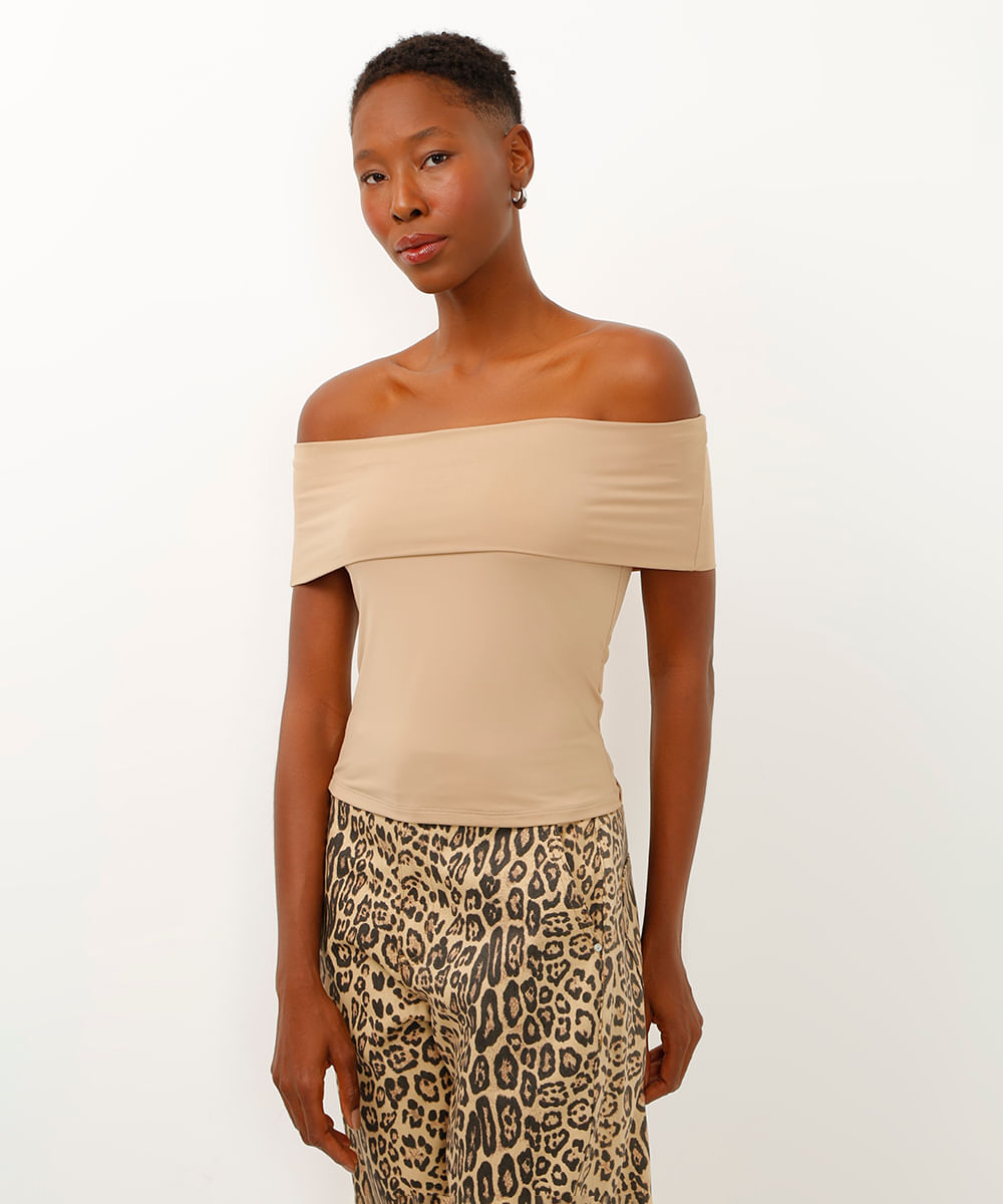 blusa de poliamida ombro a ombro marrom