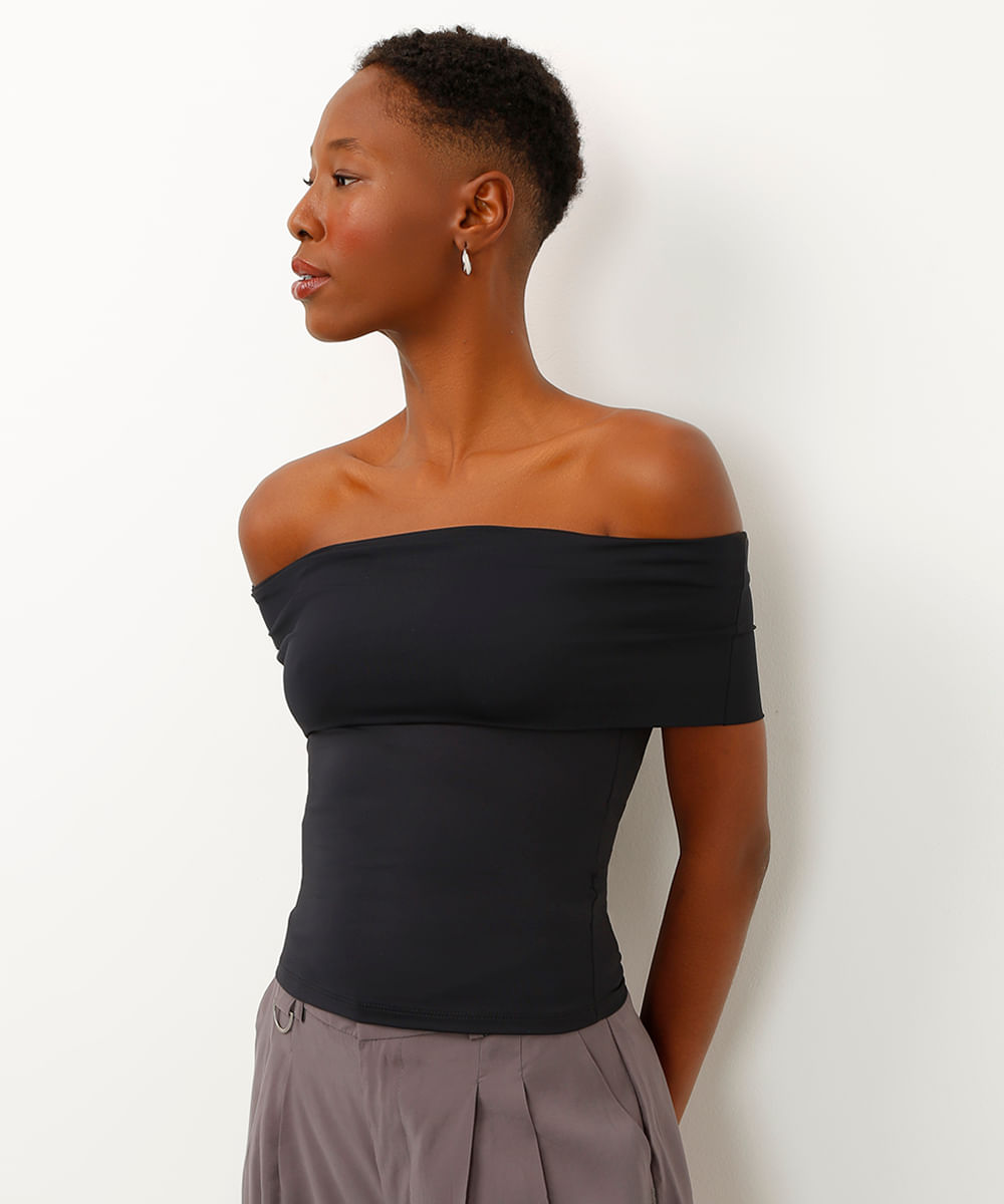 blusa de poliamida ombro a ombro preto