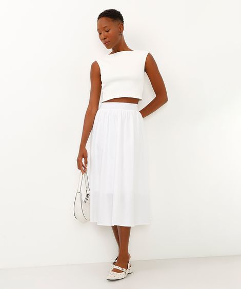 saia midi de algodão cintura alta off white
