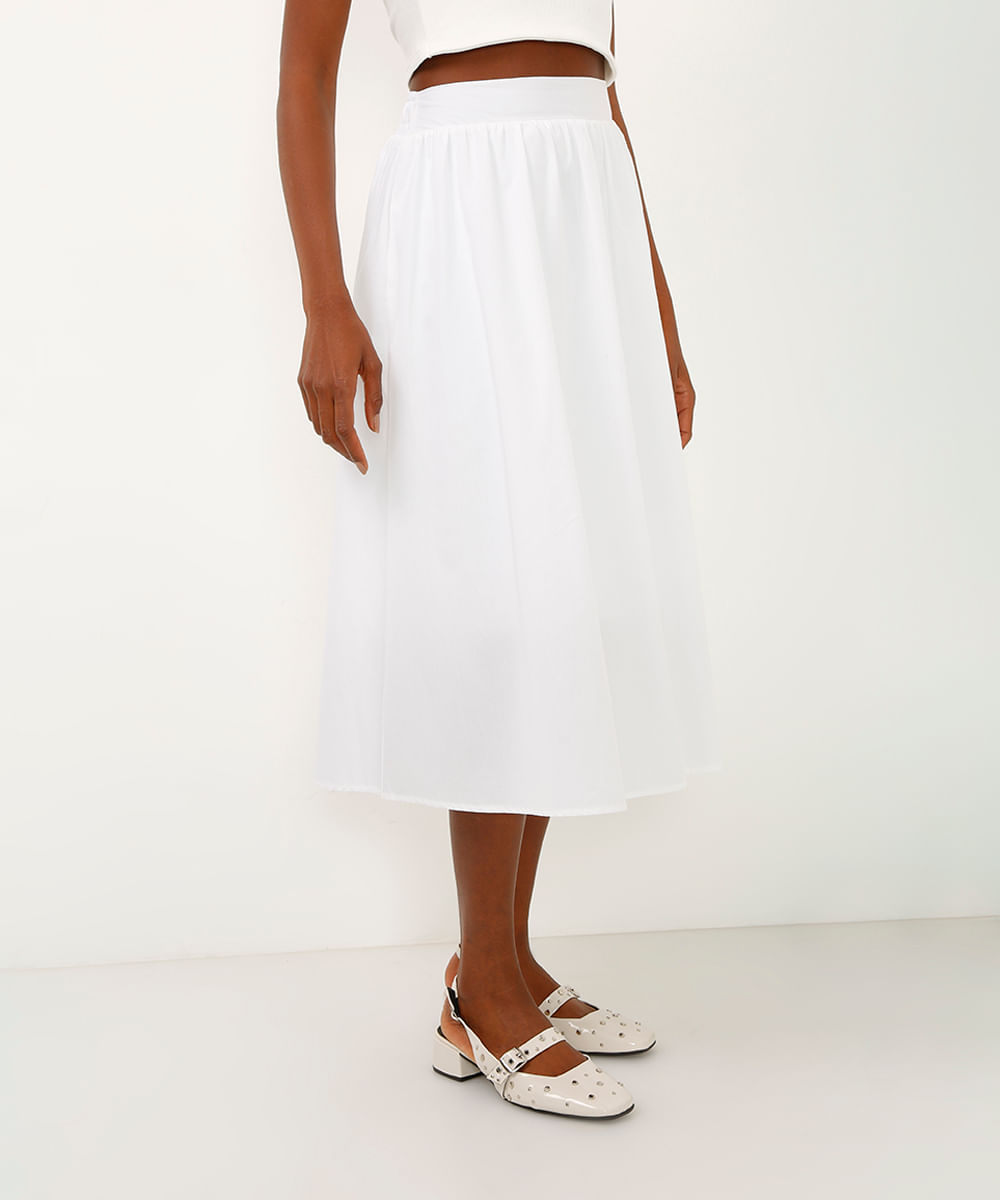 saia midi de algodão cintura alta off white