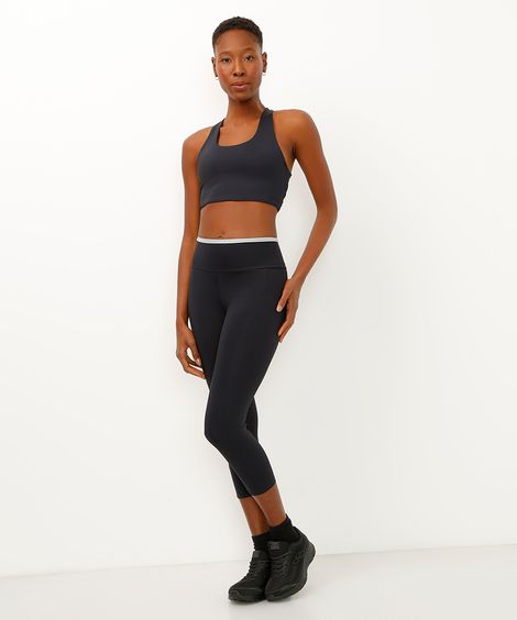 calça corsário cós largo com bolsos bicolor esportiva preta