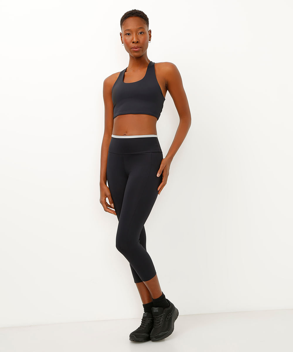 calça corsário cós largo com bolsos bicolor esportiva preta