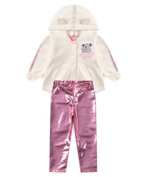 Conjunto Bebê Moletom Menina Com Capuz - Koala Love - Off White  com Metalizado