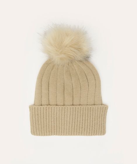 gorro de tricô com pompom bege