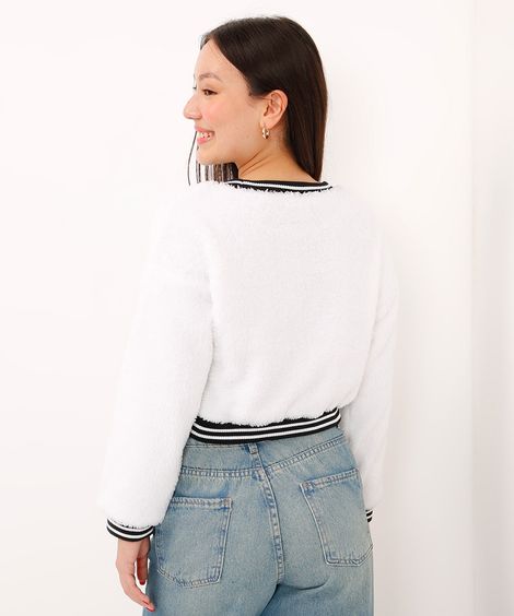 Blusão Juvenil de Tricô Cropped com Listras Off White
