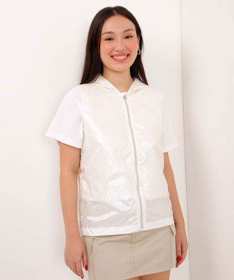 colete juvenil com capuz efeito brilhante off white