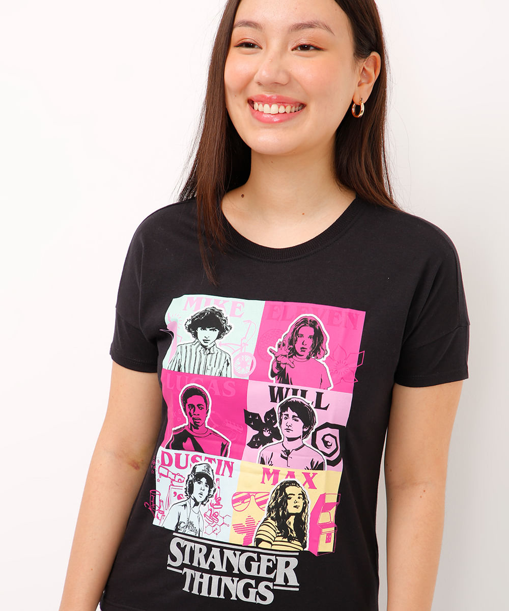 camiseta juvenil manga curta stranger things preto