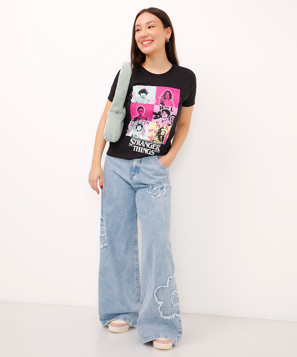 camiseta juvenil manga curta stranger things preto