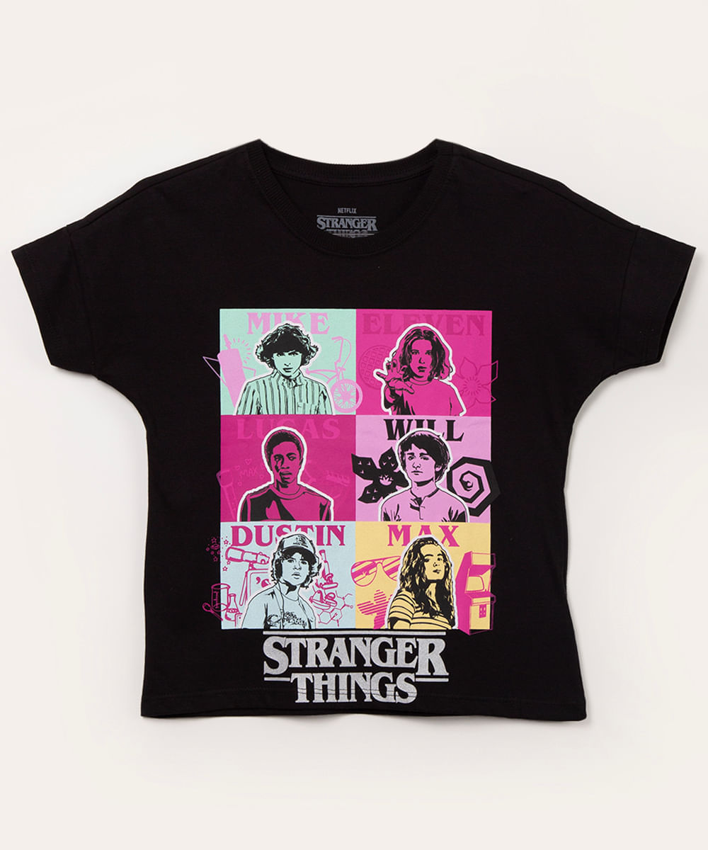 camiseta juvenil manga curta stranger things preto