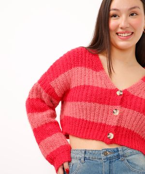 cardigan cropped juvenil de tricot listrado manga longa pink
