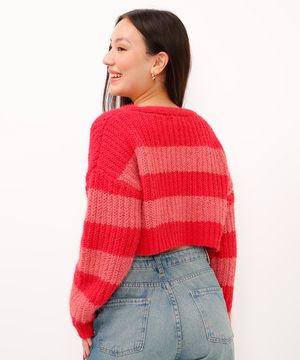 cardigan cropped juvenil de tricot listrado manga longa pink