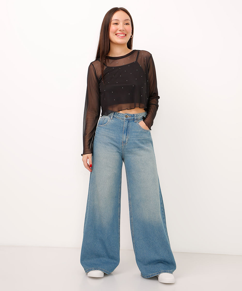 blusa de tule infantil manga longa com brilho preta