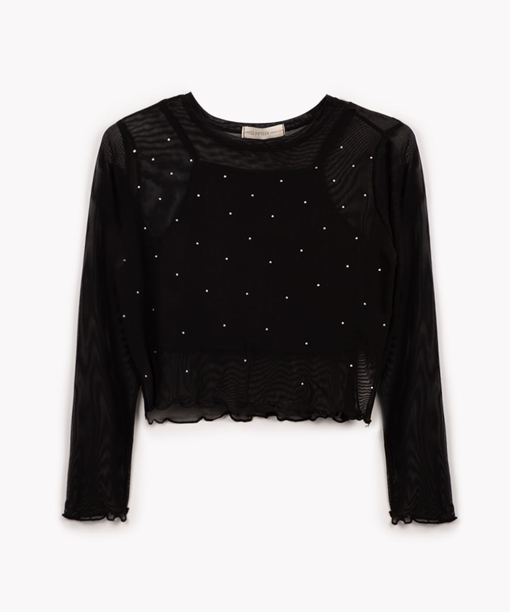 blusa de tule infantil manga longa com brilho preta