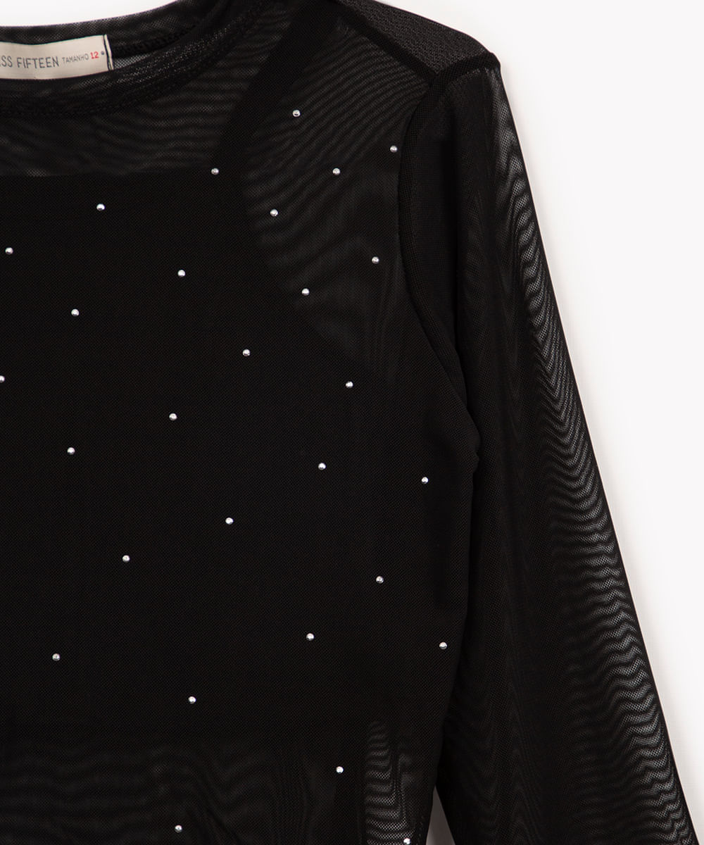 blusa de tule infantil manga longa com brilho preta