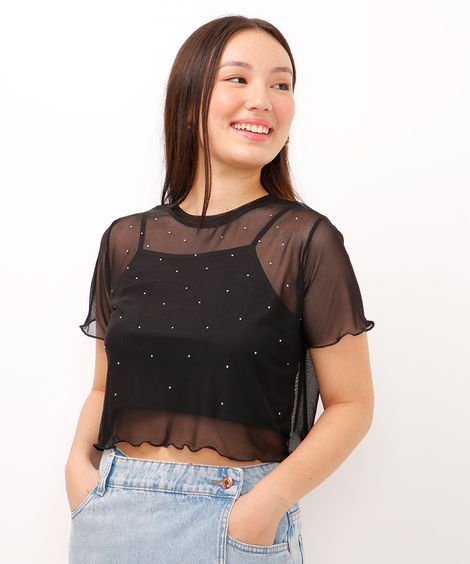 blusa de tule juvenil com brilho manga curta preta