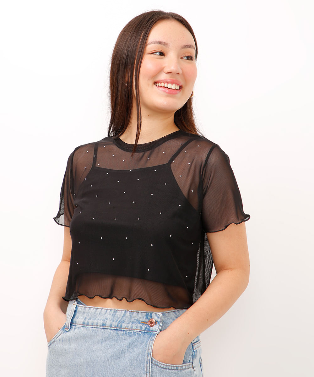 blusa de tule juvenil com brilho manga curta preta