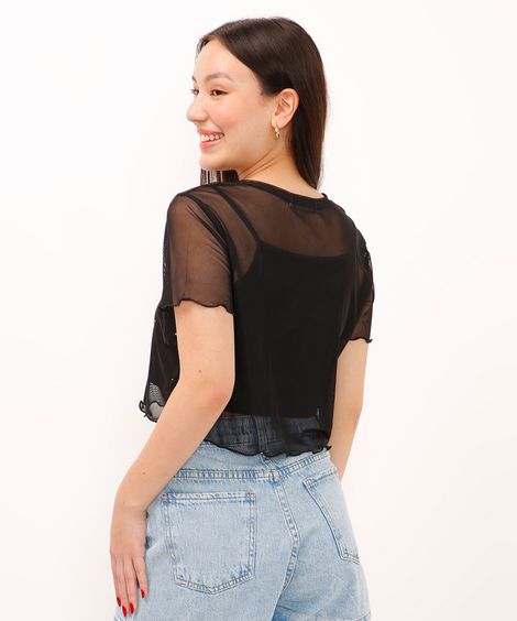 blusa de tule juvenil com brilho manga curta preta