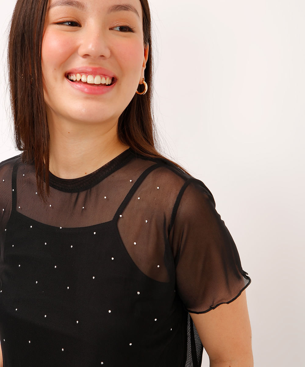blusa de tule juvenil com brilho manga curta preta