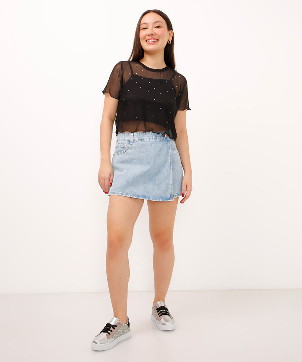 blusa de tule juvenil com brilho manga curta preta