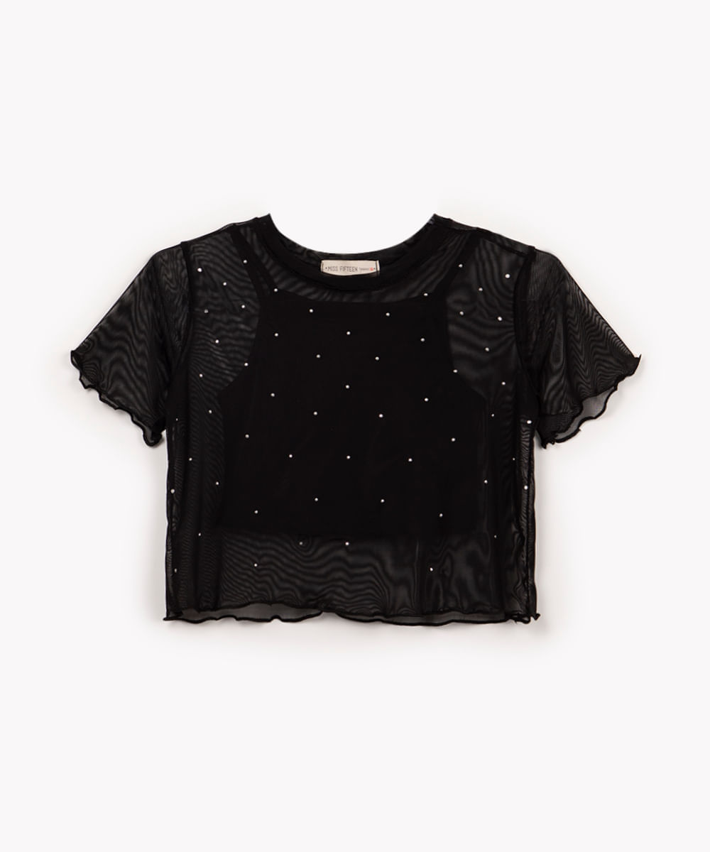 blusa de tule juvenil com brilho manga curta preta