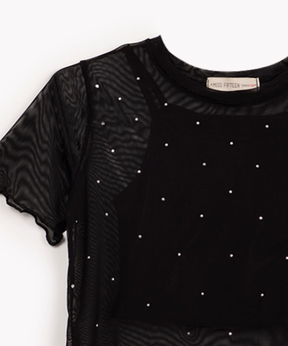 blusa de tule juvenil com brilho manga curta preta