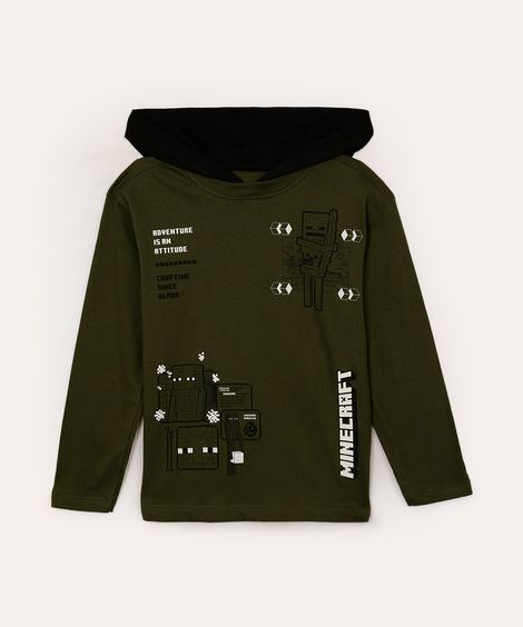 camiseta de algodão infantil minecraft com capuz verde militar