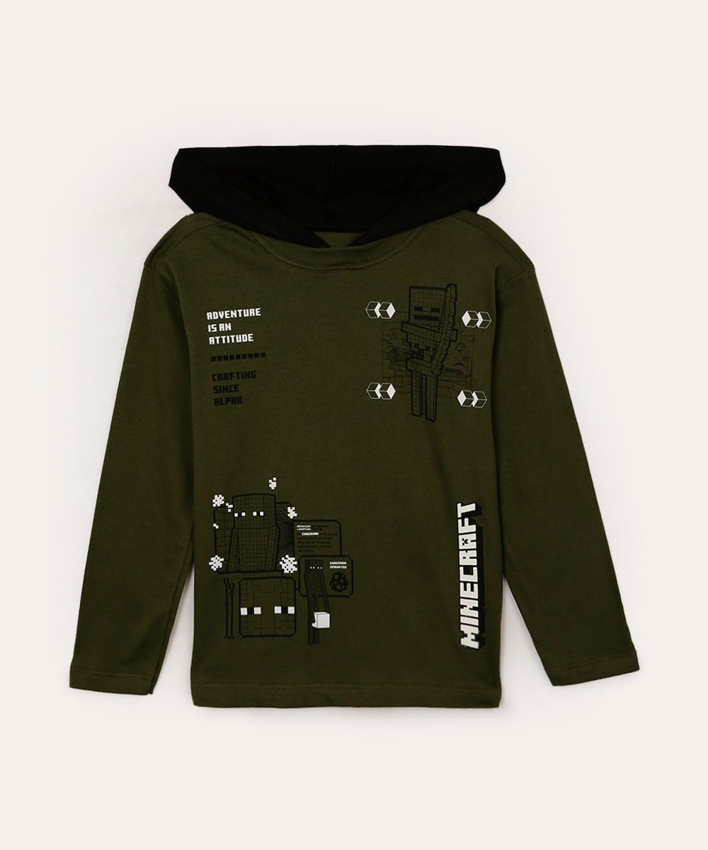camiseta de algodão infantil minecraft com capuz verde militar
