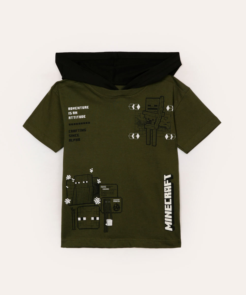 camiseta de algodão infantil minicraft com capuz verde militar