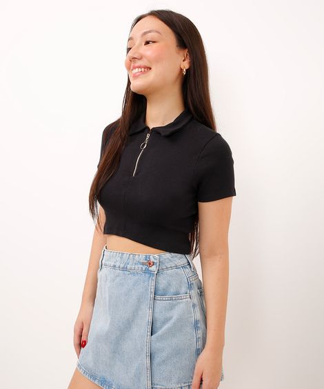 cropped juvenil com zíper manga curta preto