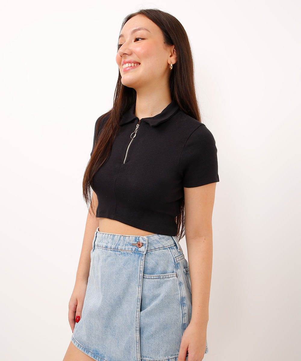 cropped juvenil com zíper manga curta preto