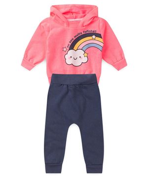 Conjunto Bebê Moletom Menina - Arco Íris - Rosa Neon e Azul Marinho